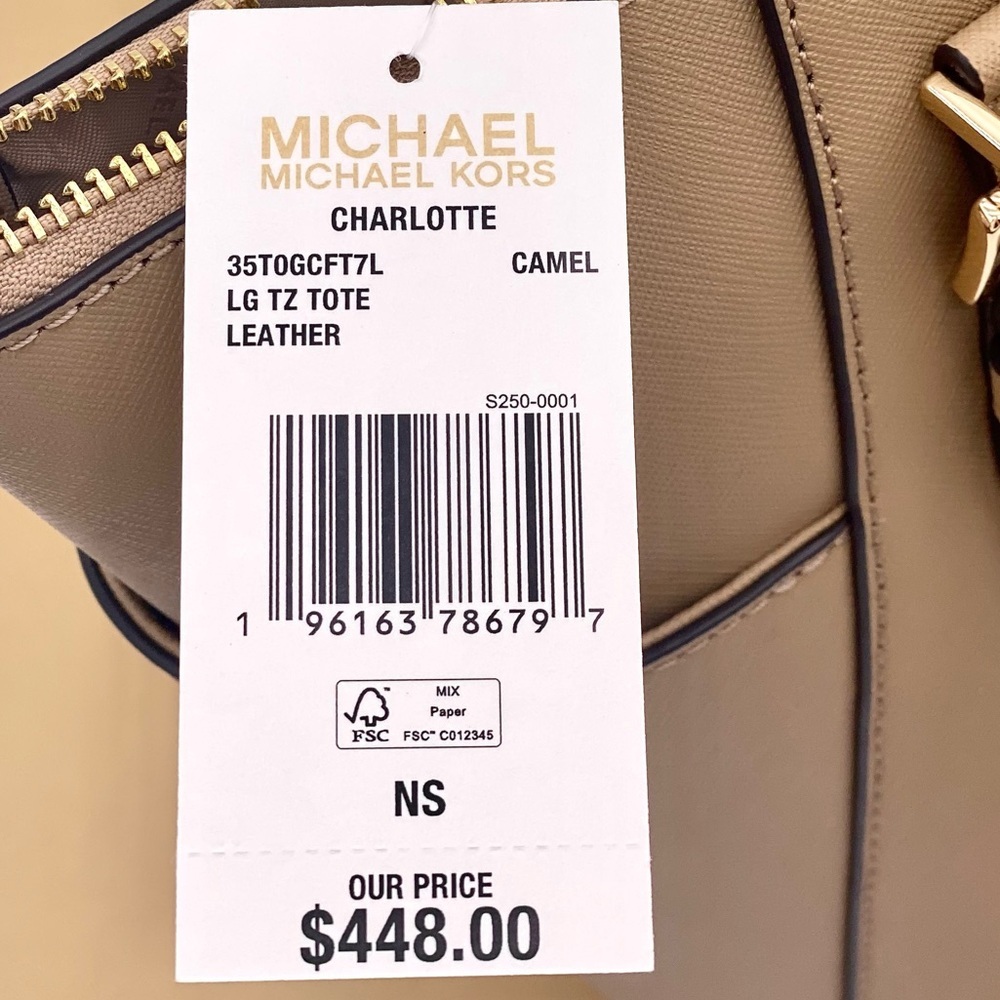 MICHAEL KORS CHARLOTTE
LARGE TOP ZIP TOTE SHOULDER BAG CAMEL COLOR - Picture 11 of 11